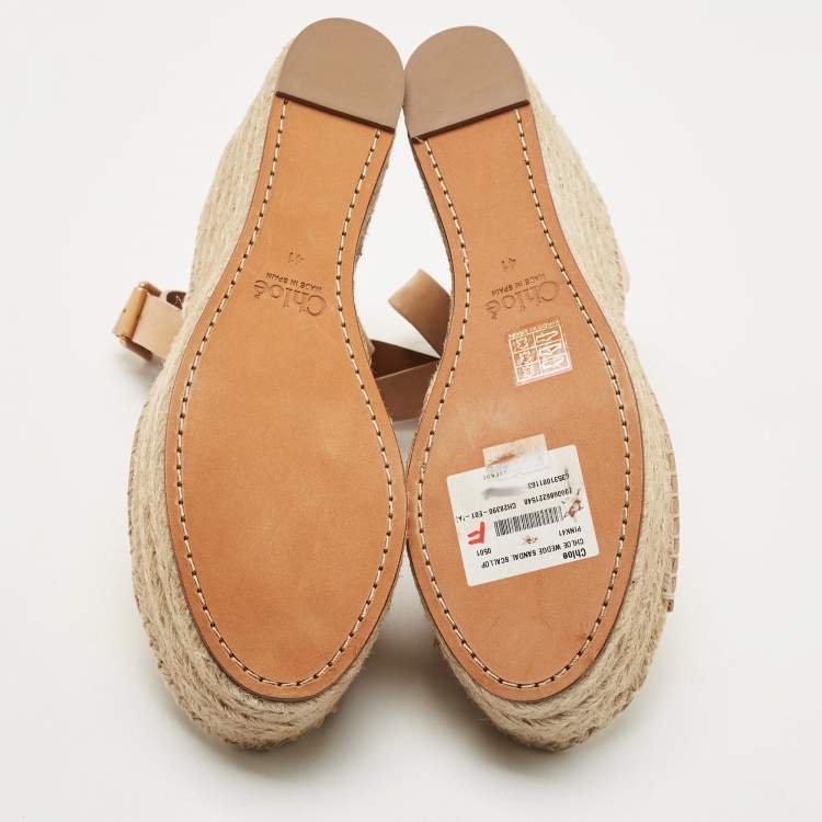 مملوكة مسبقًا Chloe Beige Suede Scalloped Trim Lauren Ankle Wrap Flatform Espadrille Sandals Size 41