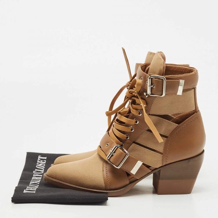Pre Owned Chloe Brown Leather and Canvas Rylee Cut Out Buckle Detail Ankle Boots Size 38.5