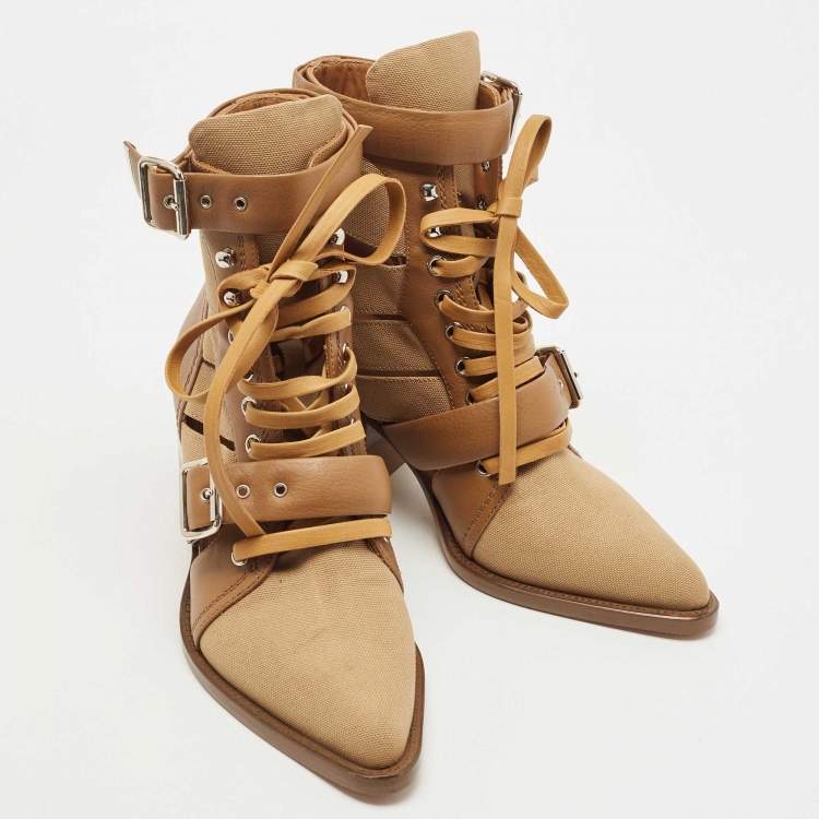 Pre Owned Chloe Brown Leather and Canvas Rylee Cut Out Buckle Detail Ankle Boots Size 38.5