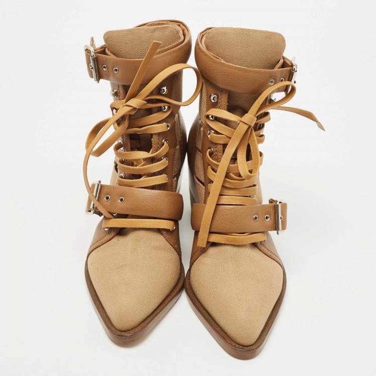 Pre Owned Chloe Brown Leather and Canvas Rylee Cut Out Buckle Detail Ankle Boots Size 38.5