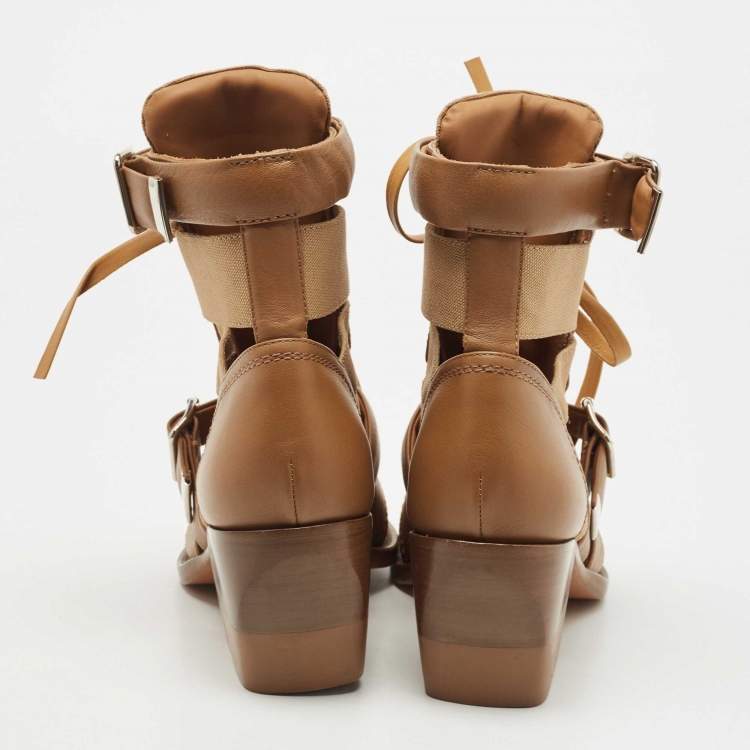 Pre Owned Chloe Brown Leather and Canvas Rylee Cut Out Buckle Detail Ankle Boots Size 38.5