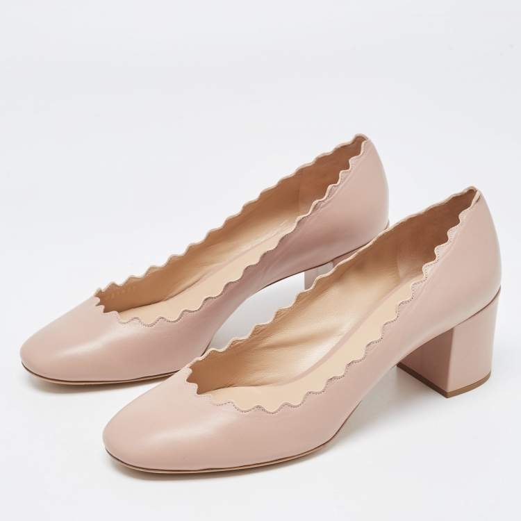 Pre Owned  Chloe Dusty Pink Leather Scalloped Block Heel Pumps Size 40