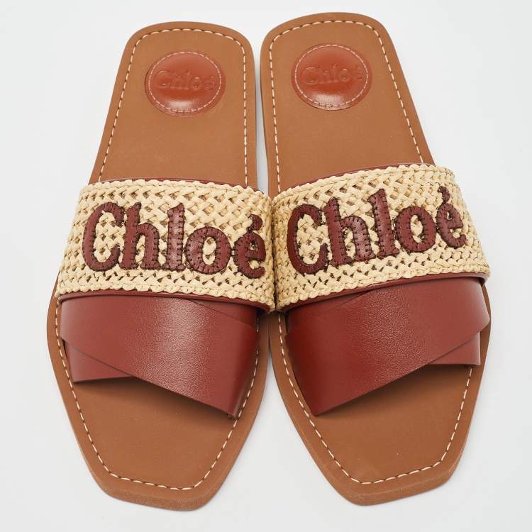 Pre Owned Chloe Brown/Beige Leather and Woven Raffia Woody Flat Slides Size 39