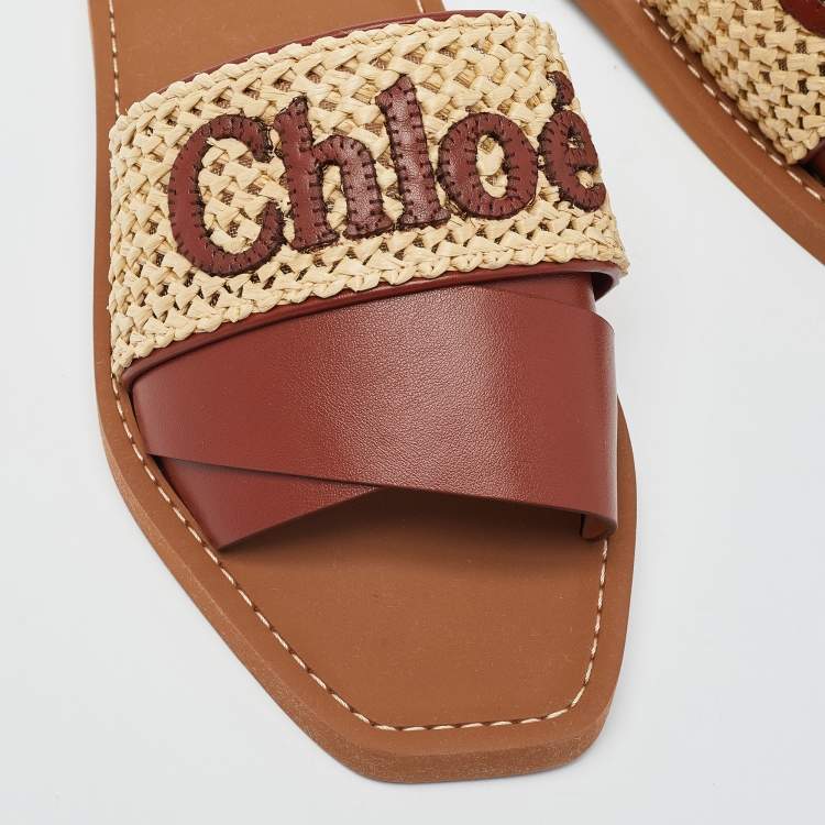 Pre Owned Chloe Brown/Beige Leather and Woven Raffia Woody Flat Slides Size 39