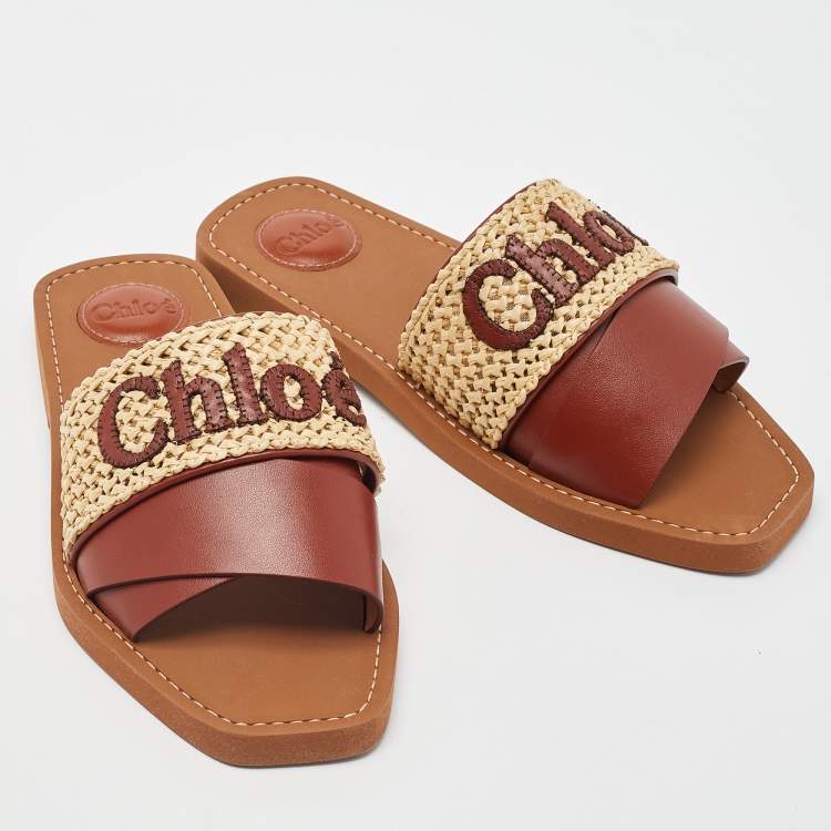 Pre Owned Chloe Brown/Beige Leather and Woven Raffia Woody Flat Slides Size 39