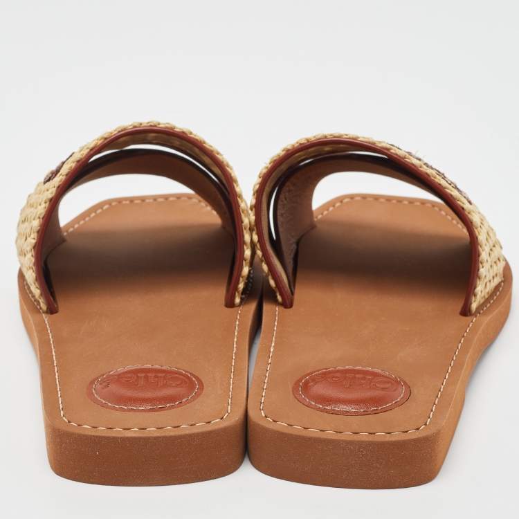 Pre Owned Chloe Brown/Beige Leather and Woven Raffia Woody Flat Slides Size 39