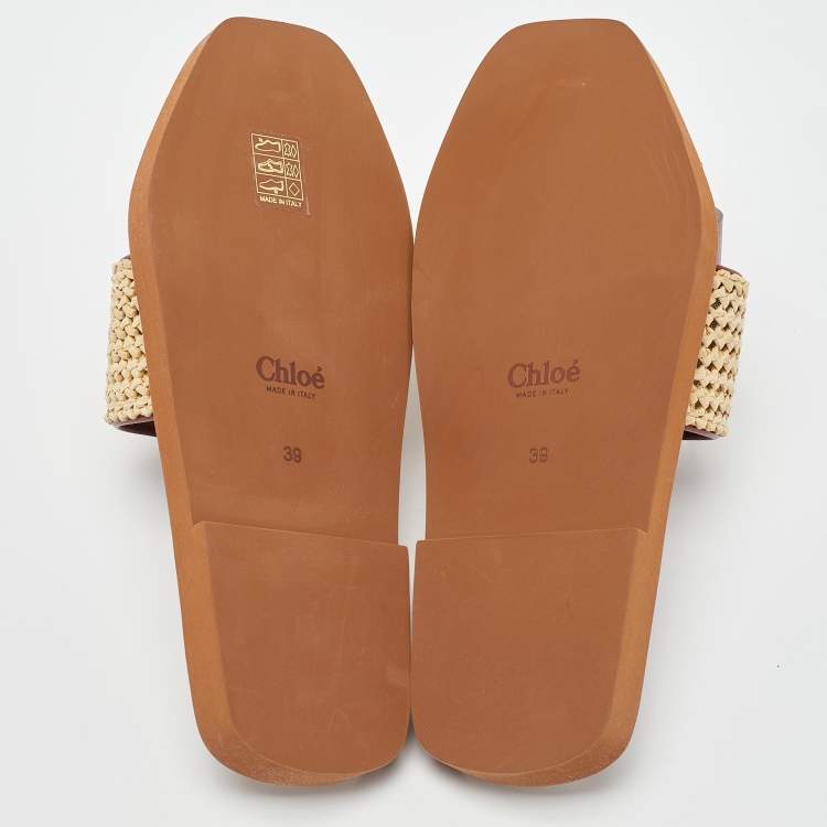 Pre Owned Chloe Brown/Beige Leather and Woven Raffia Woody Flat Slides Size 39