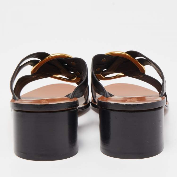 Pre Owned Chloé Black Leather  Rony Slides Block Heel Sandals Size 38