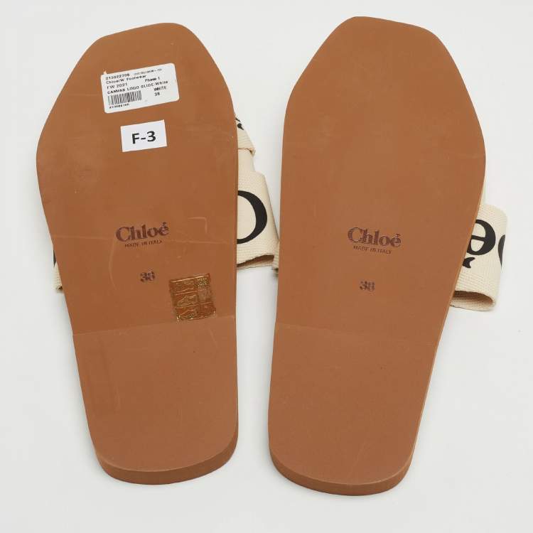 Pre Owned Chloé  White Logo Canvas Woody Flat Slides Size 38