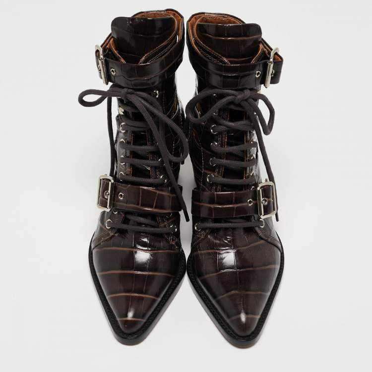 Pre Owned Chloe Brown Croc Leather Embossed Rylee Pointed Toe Boots 38