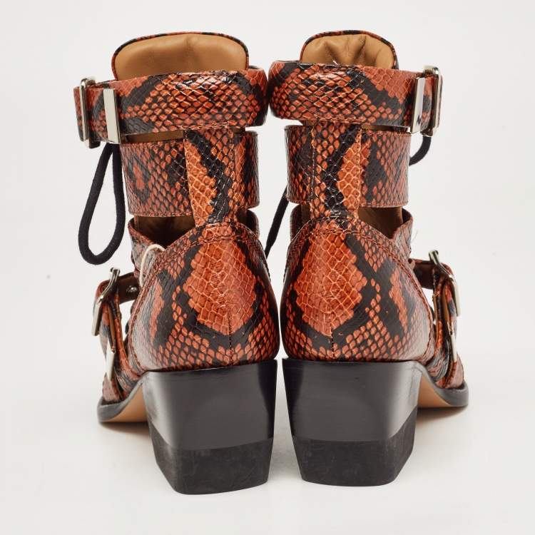 Pre Owned Chloe Brown Python Embossed Leather Rylee Ankle Boots Size 34.5