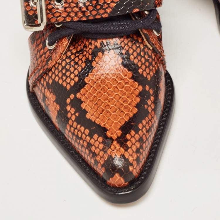 Pre Owned Chloe Brown Python Embossed Leather Rylee Ankle Boots Size 34.5
