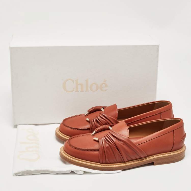 Pre Owned Chloe Brown Leather C Logo Loafers Size 37