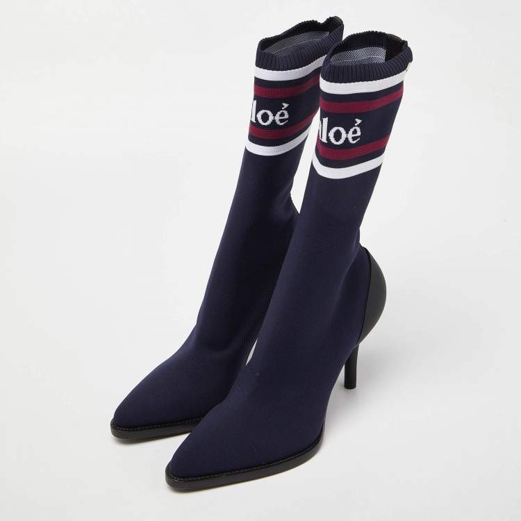 Pre Owned Chloe Blue Knit Fabric Tracey Mid Calf Boots Size 40