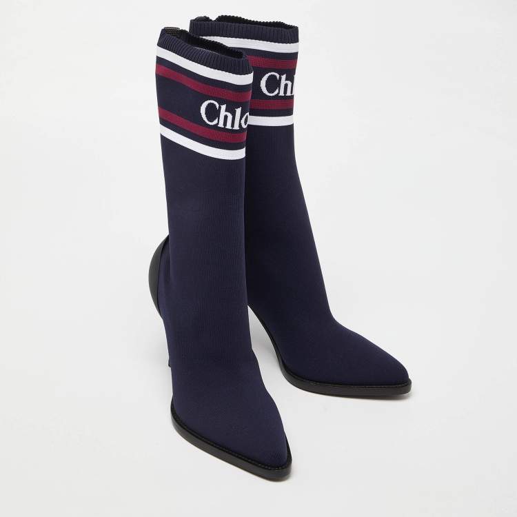 Pre Owned Chloe Blue Knit Fabric Tracey Mid Calf Boots Size 40