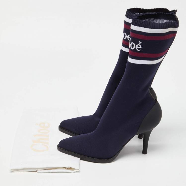 Pre Owned Chloe Blue Knit Fabric Tracey Mid Calf Boots Size 40