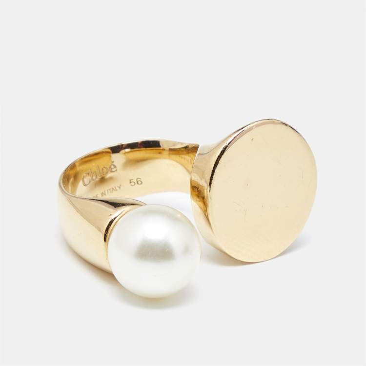 Pre Owned Chloé Darcey Faux Pearl Gold Tone Ring Size 57