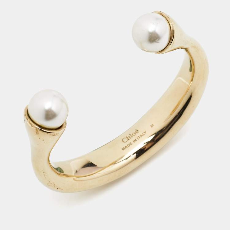 Pre Owned Chloé Faux Pearl Gold Tone Bracelet M 