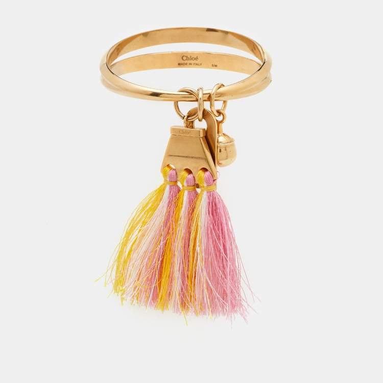 Pre Owned Chloé Janis Pink Yellow Fringe Charm Gold Tone Bangle Bracelet S/M