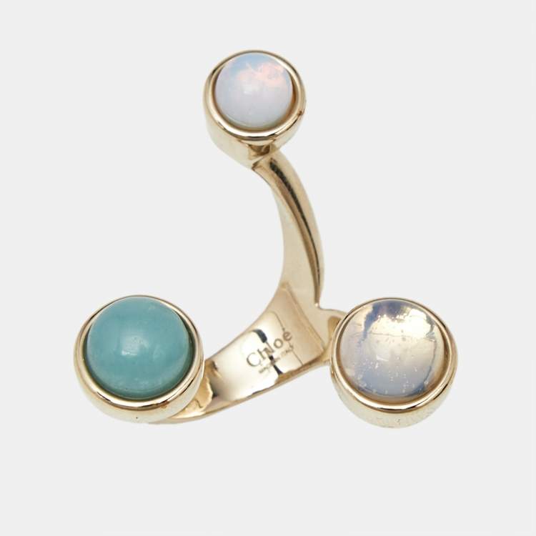 Pre Owned Chloé  Zodiac Moonstone Amazonite Gold Tone Ring Size 55
