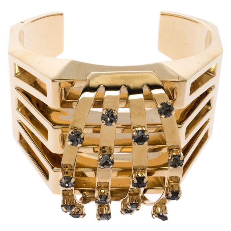 Pre Owned Chloe Crystal Embellished Gold Tone Statement Open Cuff Bracelet