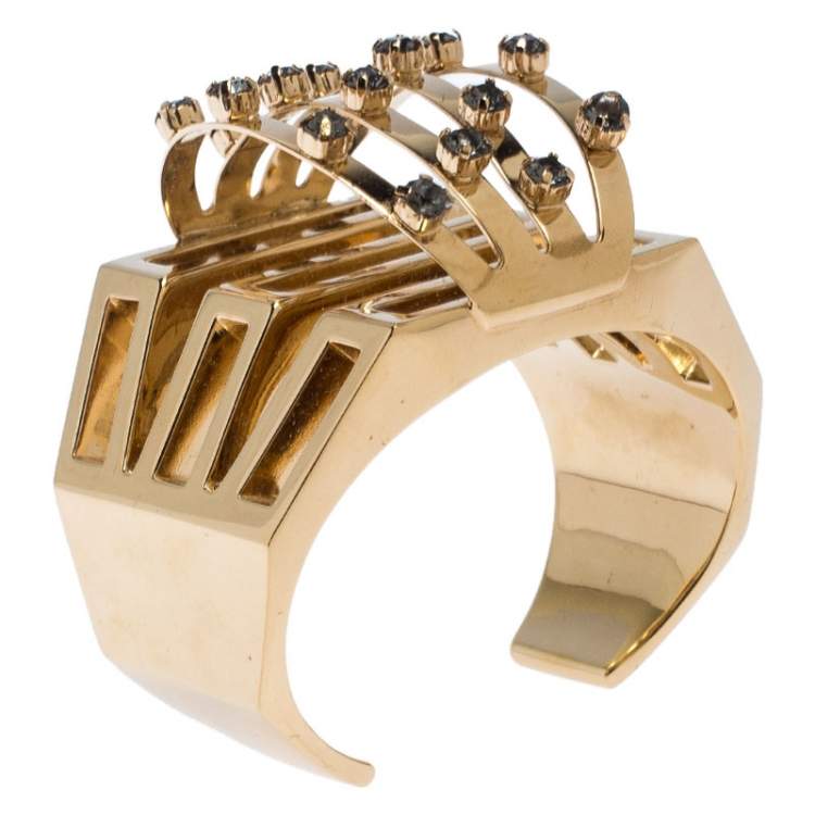 Pre Owned Chloe Crystal Embellished Gold Tone Statement Open Cuff Bracelet