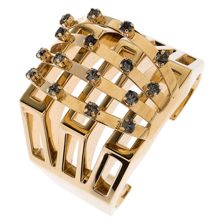 Pre Owned Chloe Crystal Embellished Gold Tone Statement Open Cuff Bracelet