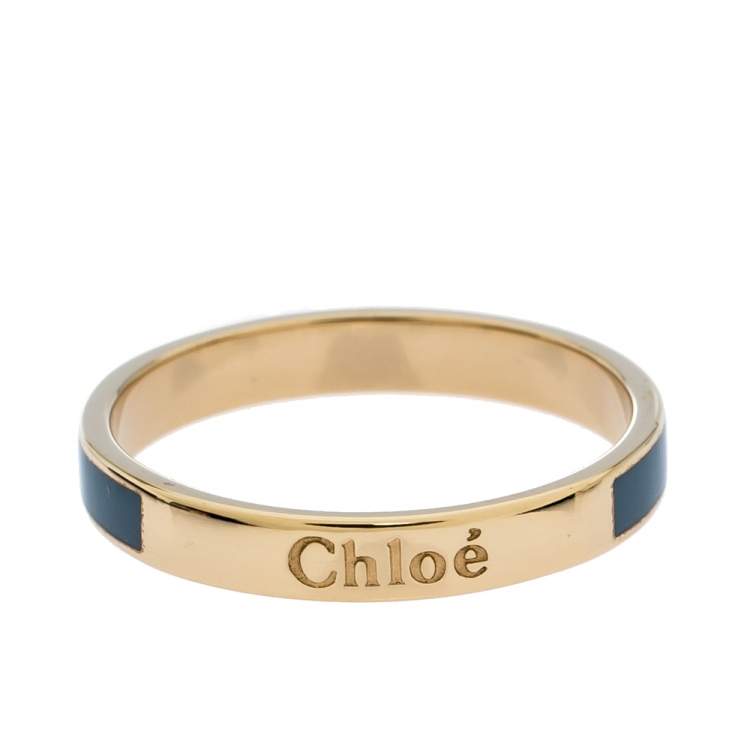 Pre Owned Chloe Blue Enamel Gold Tone Narrow Band Ring Size 54