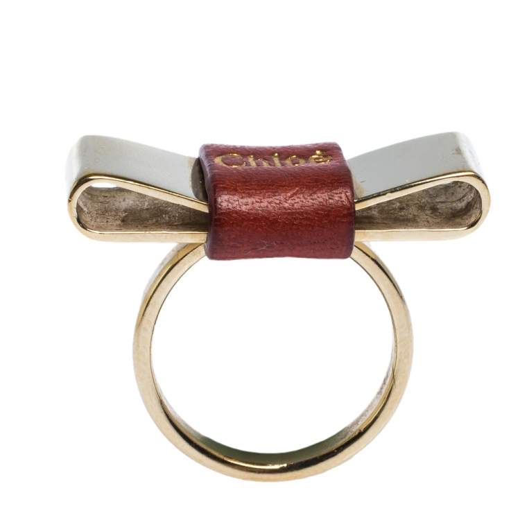 Pre Owned Chloe Leather Bow Motif Gold Tone Ring Size 54
