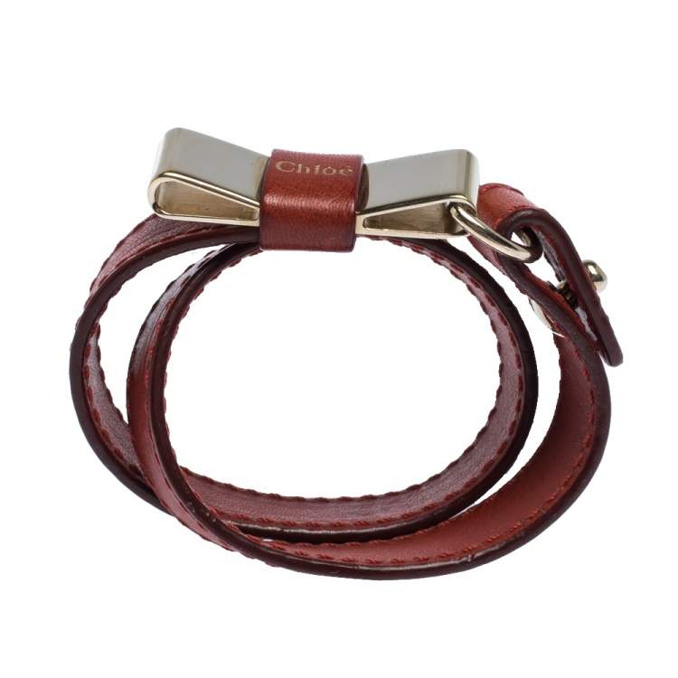 Pre Owned Chloe Leather Bow Motif Gold Tone Double Wrap Bracelet