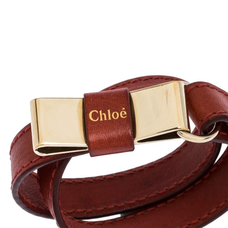 Pre Owned Chloe Leather Bow Motif Gold Tone Double Wrap Bracelet