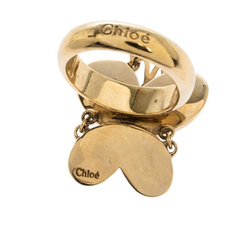Pre Owned Chloe Butterfly Motif Enamel Gold Tone Ring Size 52.5