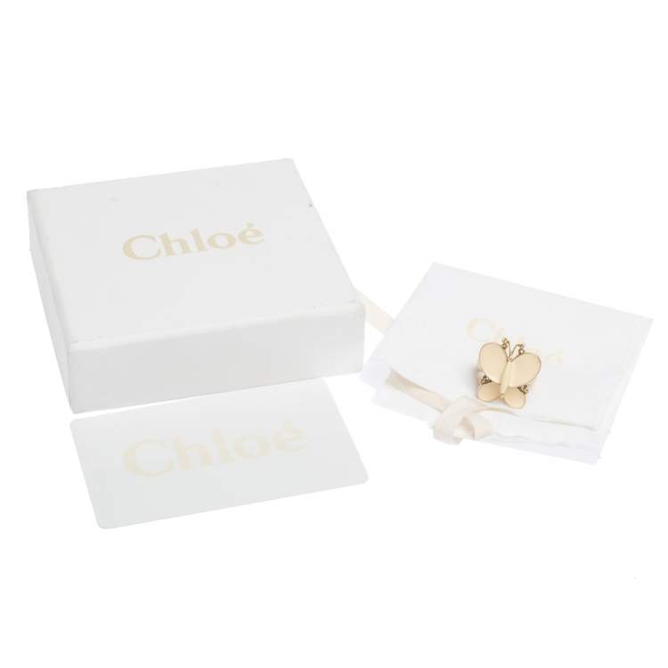 Pre Owned Chloe Butterfly Motif Enamel Gold Tone Ring Size 52.5