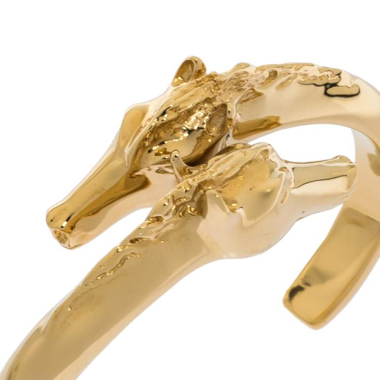 Pre Owned Chloé Gold Tone Double Horse Head Equestrian Open Cuff Bracelet