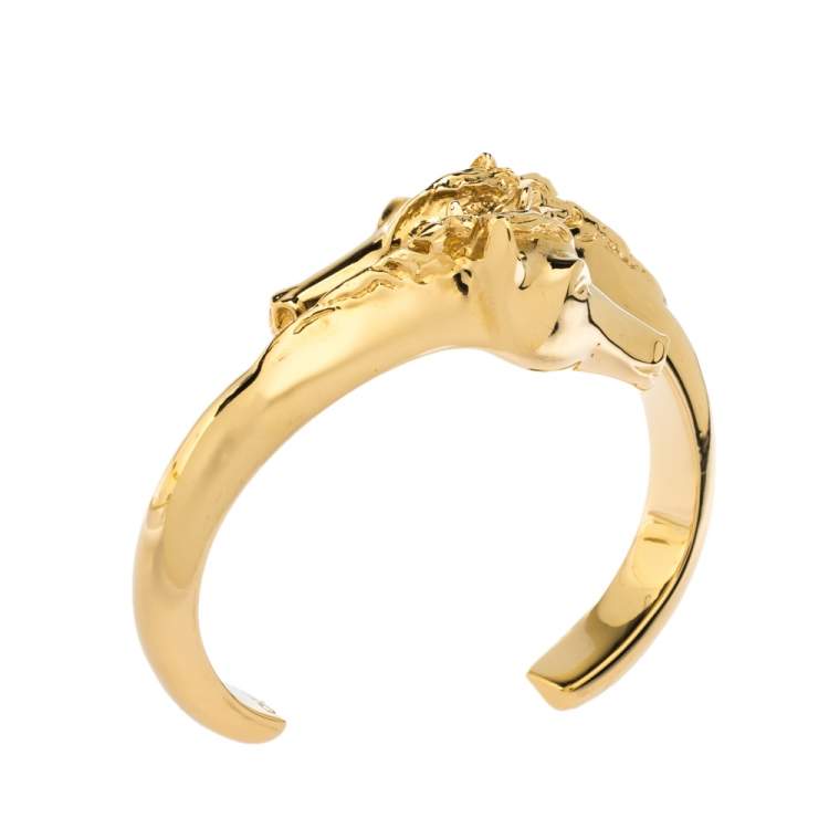 Pre Owned Chloé Gold Tone Double Horse Head Equestrian Open Cuff Bracelet