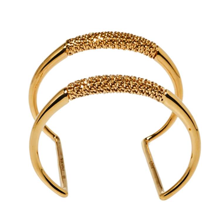 Pre Owned Chloé Gold Tone Chain Link Detail Open Cuff Bracelet S/M