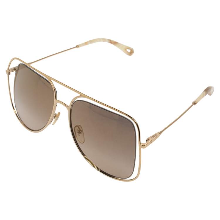 Pre Owned Chloe Gold/Brown CE130S Mirrored Aviator Sunglasses