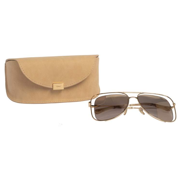 Pre Owned Chloe Gold/Brown CE130S Mirrored Aviator Sunglasses