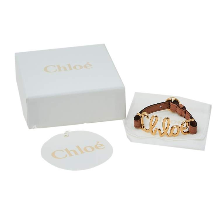 Pre Owned Chloe Brown Leather Gold Tone Logo Bracelet