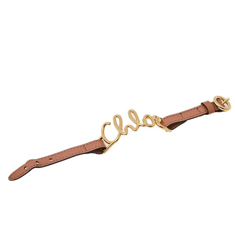 Pre Owned Chloe Brown Leather Gold Tone Logo Bracelet