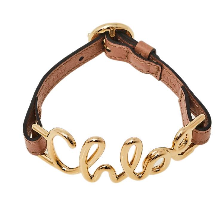Pre Owned Chloe Brown Leather Gold Tone Logo Bracelet