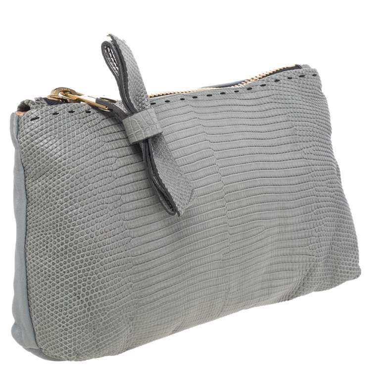 Pre Owned Chloe Grey Lizard Leather Top Zip Pouch