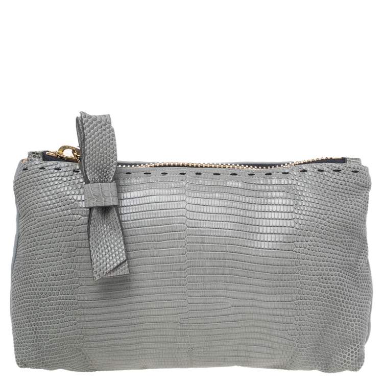 Pre Owned Chloe Grey Lizard Leather Top Zip Pouch