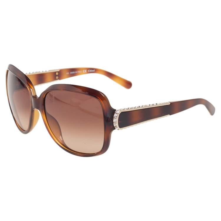 Pre Owned Chloe Brown Tortoise CE612SR Acetate Embellished Gradient Oversized Sunglasses 