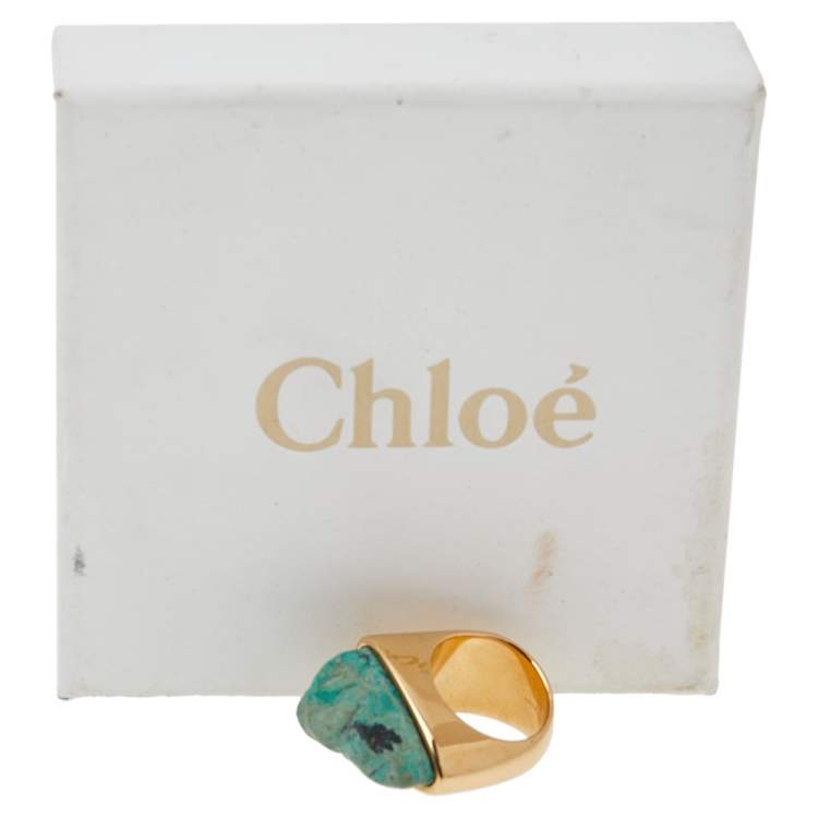 Pre Owned Chloe Green Natural Stone Gold Tone Ring Size 54.5