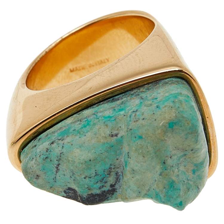 Pre Owned Chloe Green Natural Stone Gold Tone Ring Size 54.5