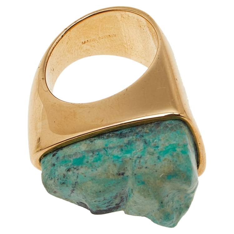 Pre Owned Chloe Green Natural Stone Gold Tone Ring Size 54.5