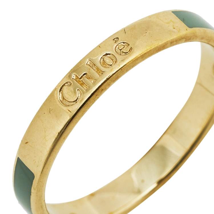 Pre Owned Chloé Gold Tone Green Enameled Holly Band Ring Size 54 