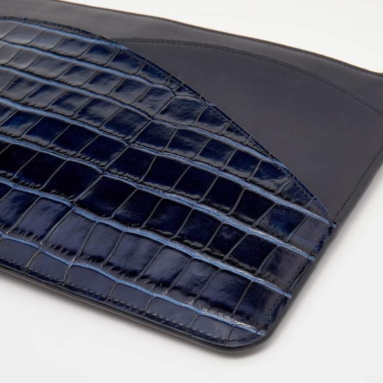 Pre Owned Chloe Navy Blue Croc Embossed Leather iPad Pouch