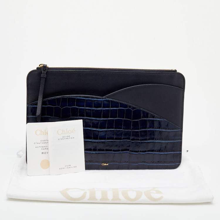 Pre Owned Chloe Navy Blue Croc Embossed Leather iPad Pouch